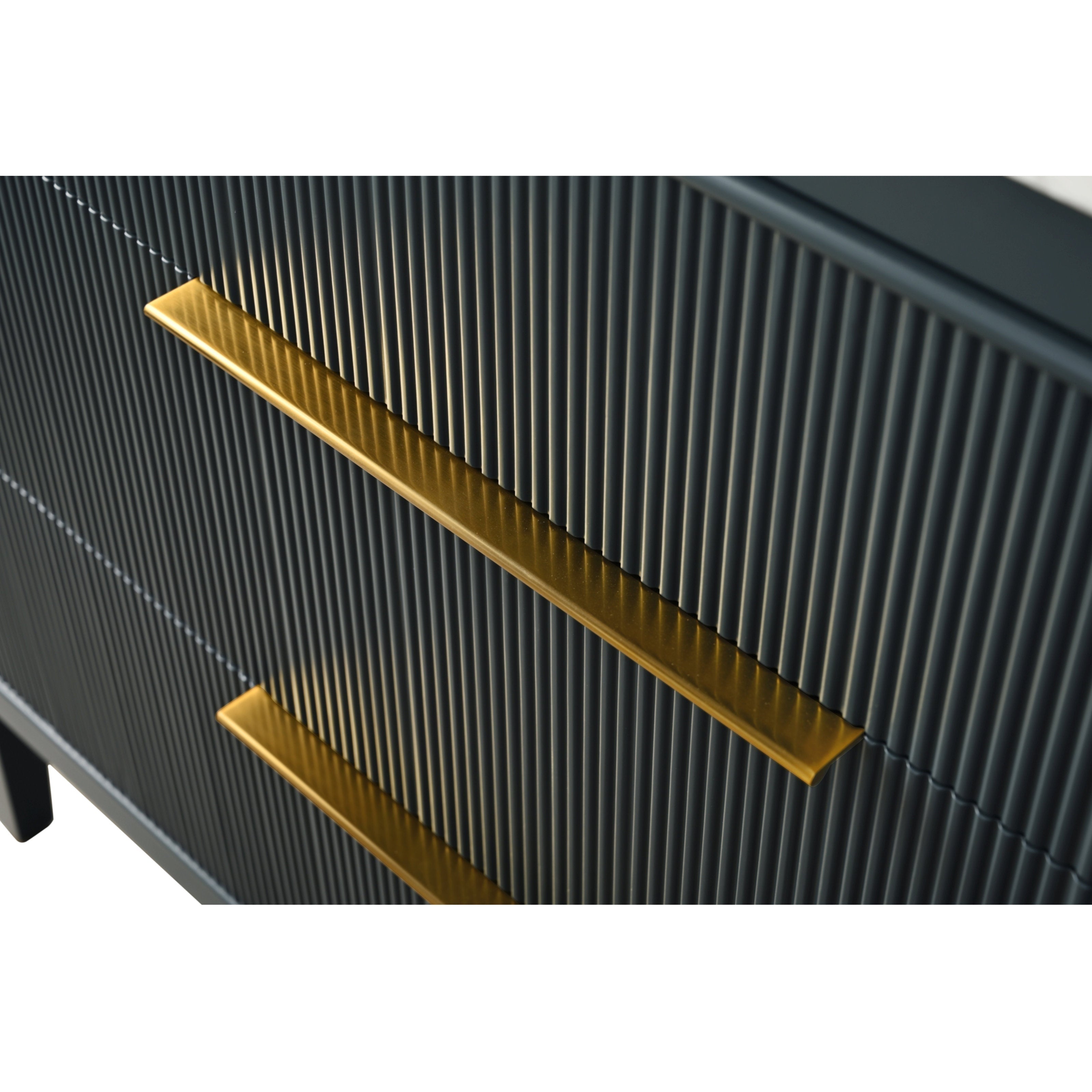 Close-up of a modern stone-colored fluted solid wood vanity drawer front featuring long brass-finish horizontal handles.