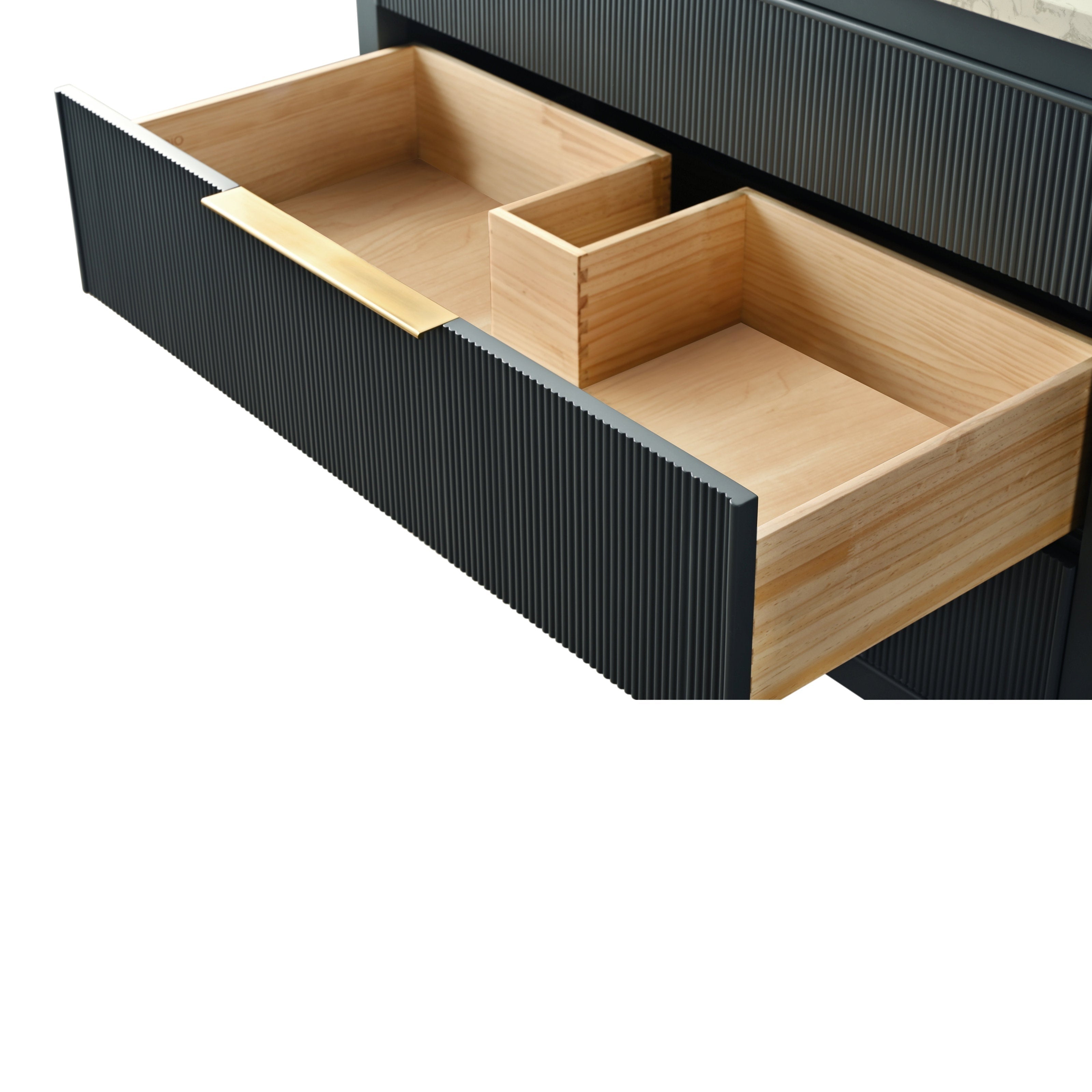 Open ribbed stone-colored vanity drawer revealing a natural solid wood interior with a partition and slim brass-finish handle, shown in a modern contemporary bathroom style.