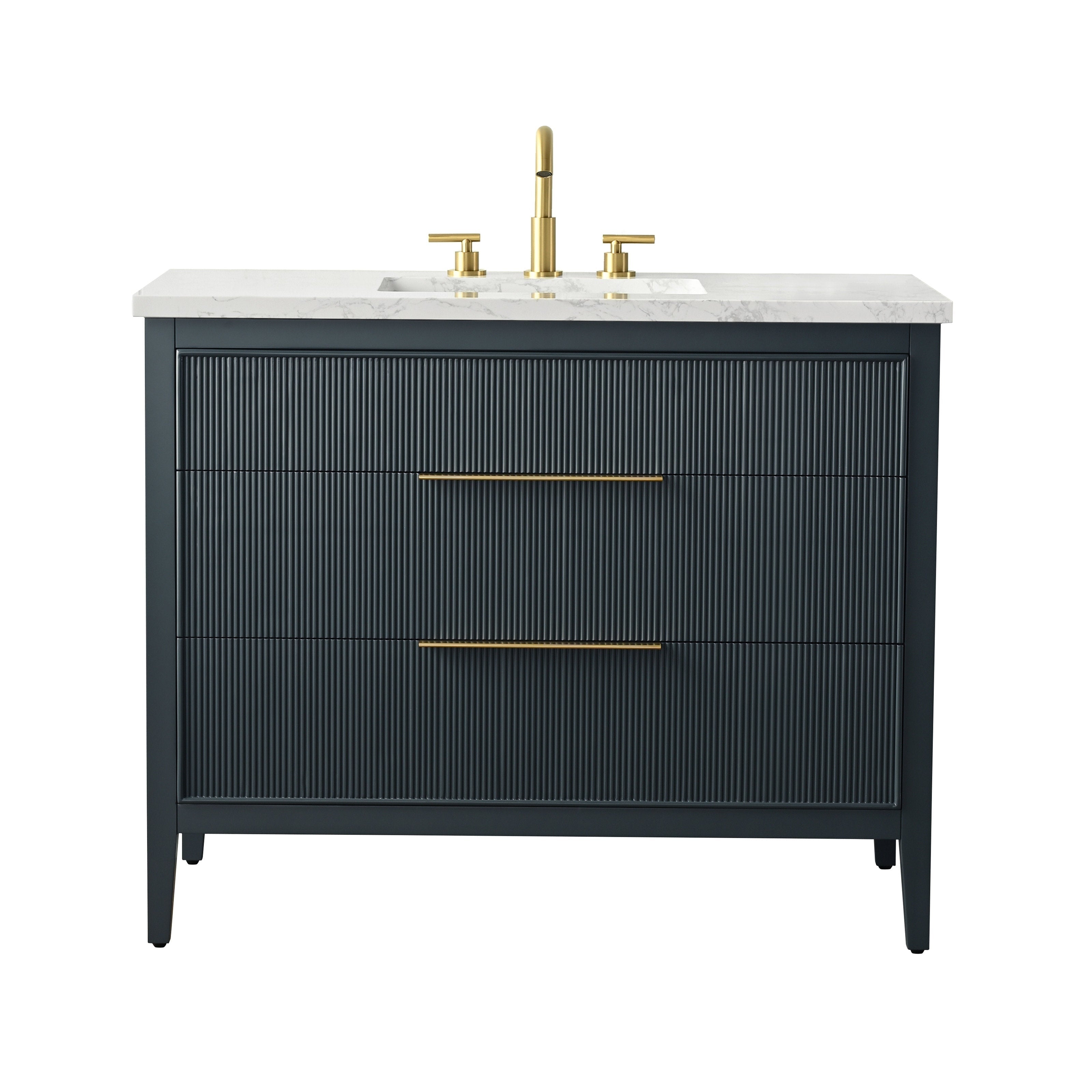 Freestanding 42-inch modern solid wood bathroom vanity in a dark stone-toned finish with vertical fluted drawer fronts, white stone countertop with integrated rectangular ceramic sink, and brushed brass faucet and long brass pulls.