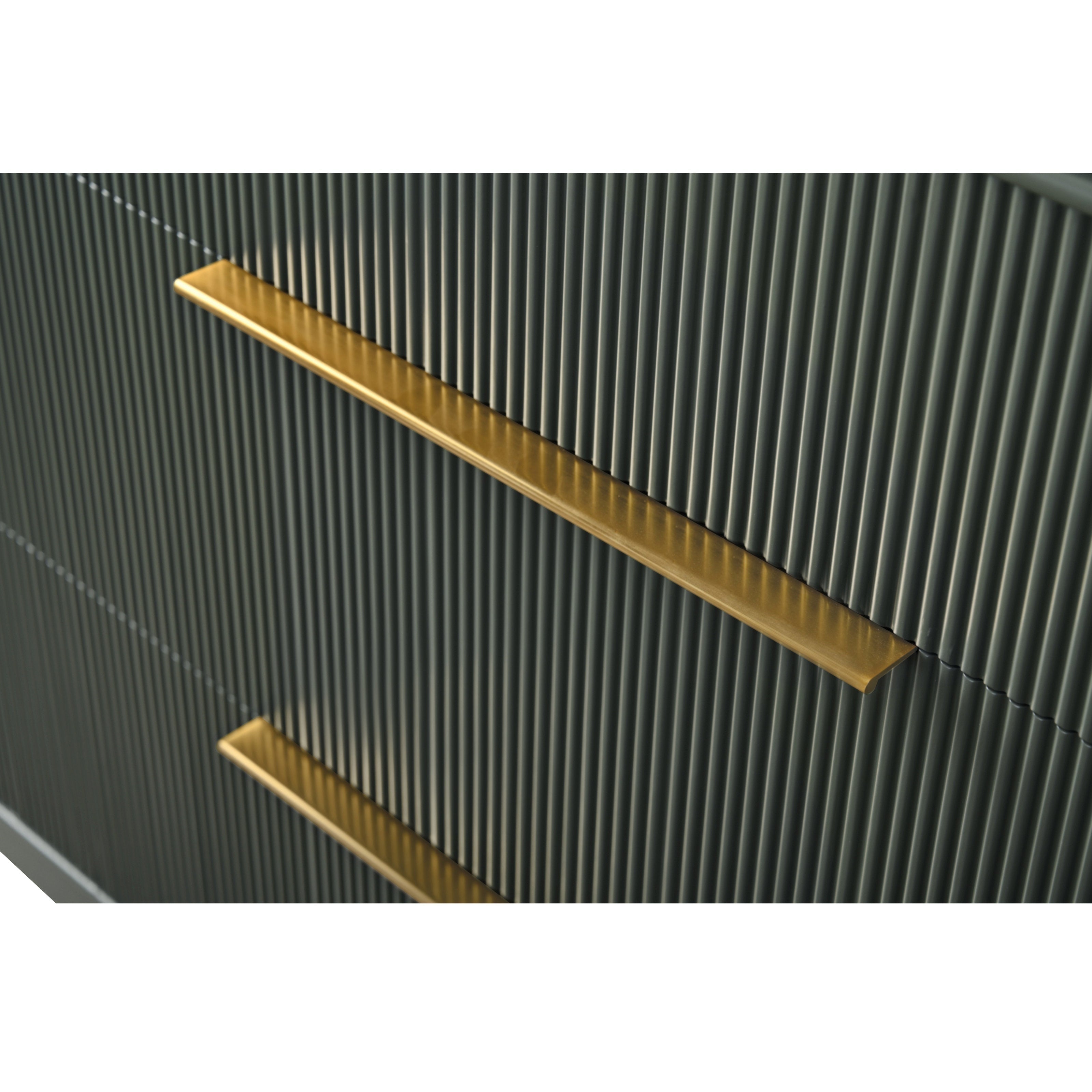 Close-up of a stone-colored solid wood vanity drawer with vertical fluted grooves and two slim brushed-gold handles, highlighting modern contemporary hardware and textured detailing.