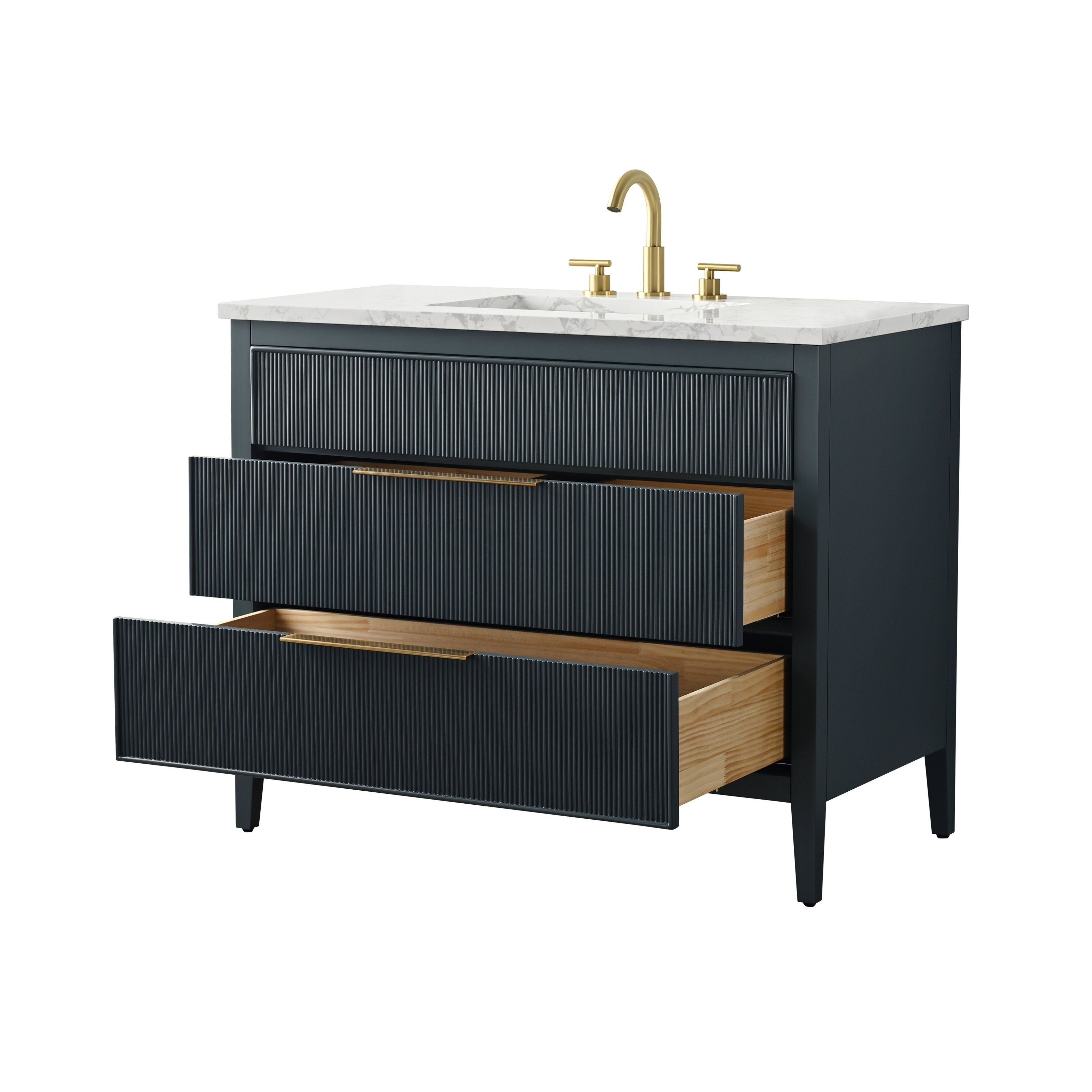 Modern 42-inch solid wood bathroom vanity with a white stone top and integrated single ceramic sink, dark ribbed drawer fronts, gold-finish faucet and pulls, and two open wood-lined drawers.