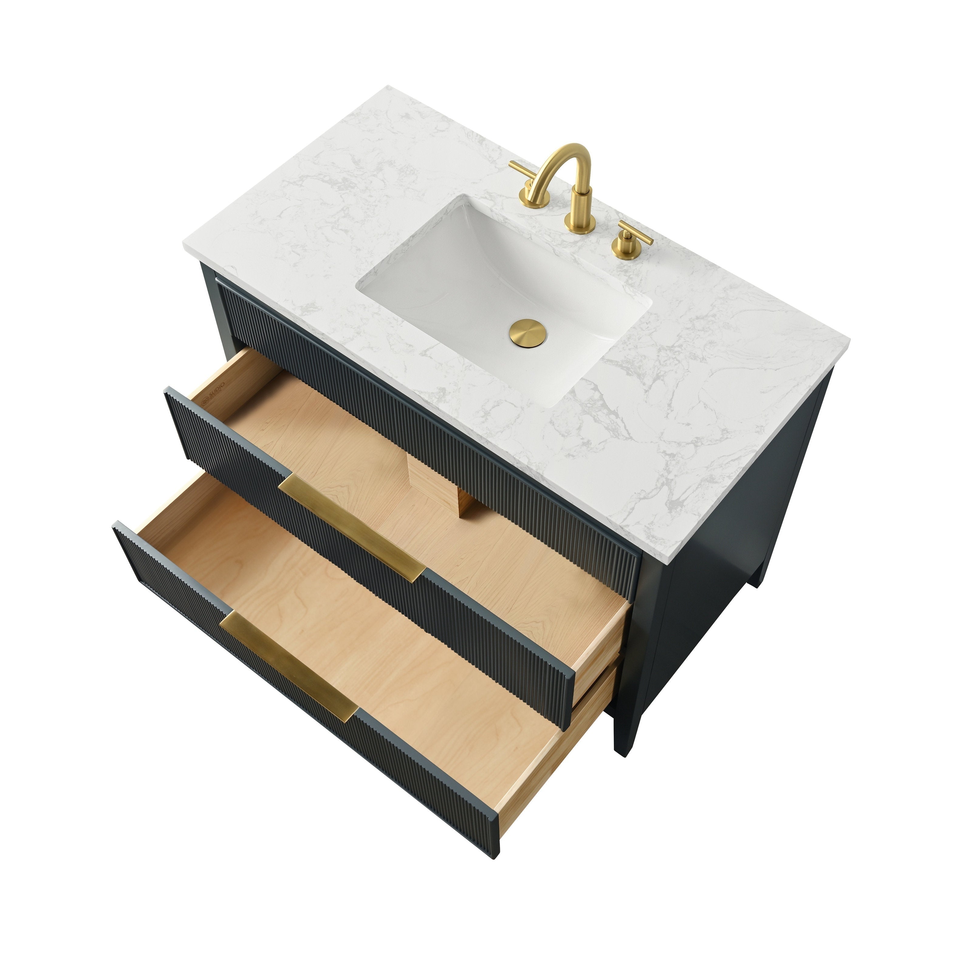 Top-down view of a modern 42-inch solid wood bathroom vanity with a white stone countertop, rectangular ceramic undermount sink, brass faucet and drain, and two open wood-lined drawers with brass pulls.