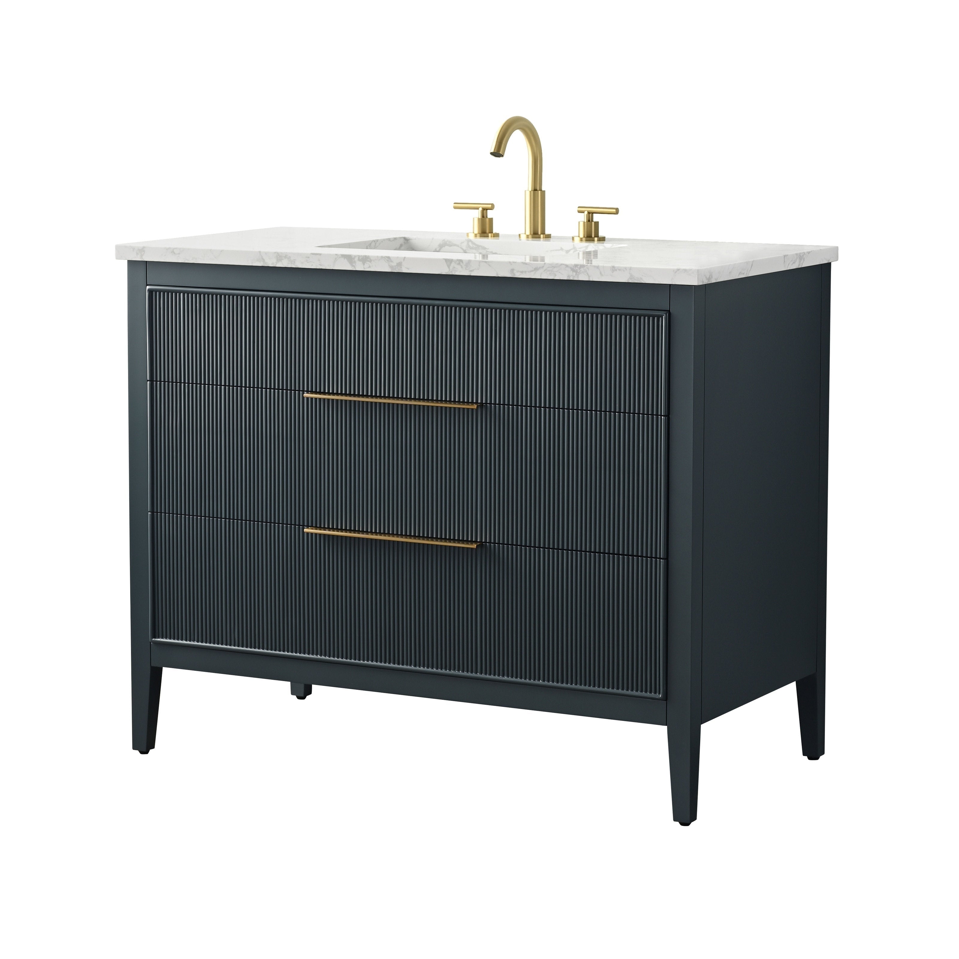 42-inch modern single-sink bathroom vanity in solid wood with a white stone top, fluted drawer fronts, three drawers, slim brass pulls and a curved brass faucet.