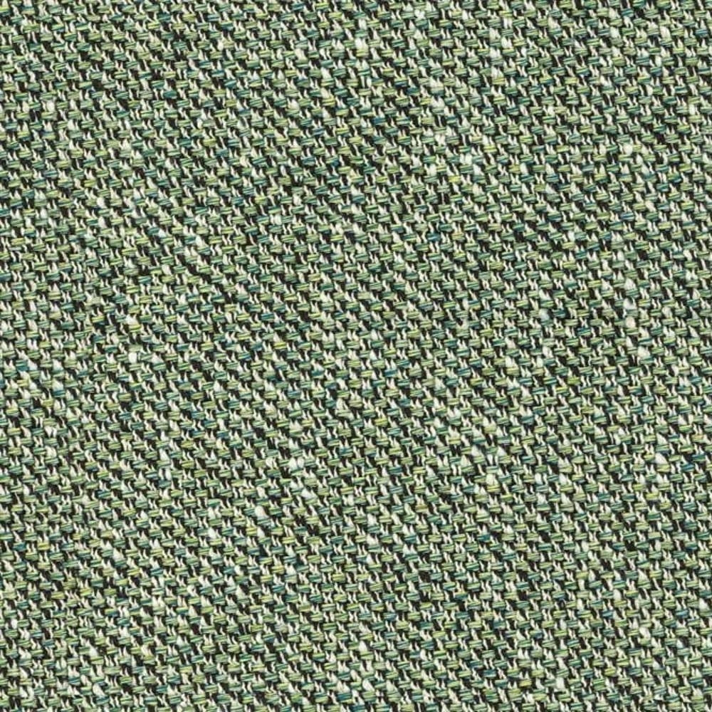 Close-up of woven upholstery fabric in muted sage and beige with dark teal and charcoal threads; textured 25% cotton, 75% polyester suitable for indoor sofa upholstery.