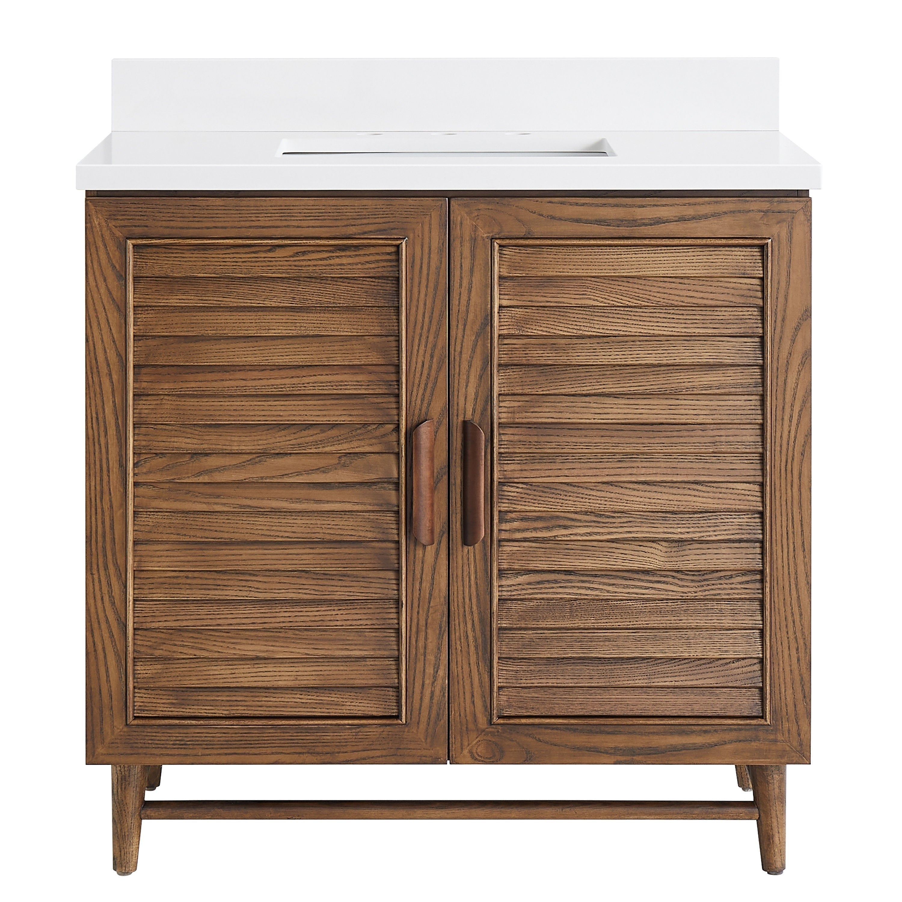 Front view of a 36-inch walnut bathroom vanity with horizontal slatted double doors, slim vertical wood handles, tapered legs, and a pure white quartz countertop with rectangular undermount sink and short backsplash.