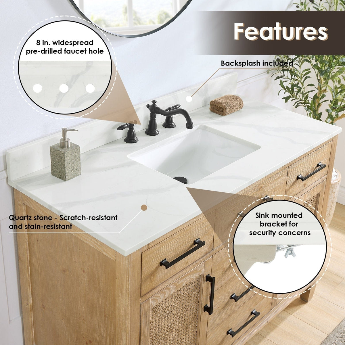 48-inch weathered fir single-sink bathroom vanity with Calacatta white quartz countertop, rectangular undermount ceramic sink, 8 in. widespread black faucet, matte black hardware, cane-front door, drawers and included backsplash.