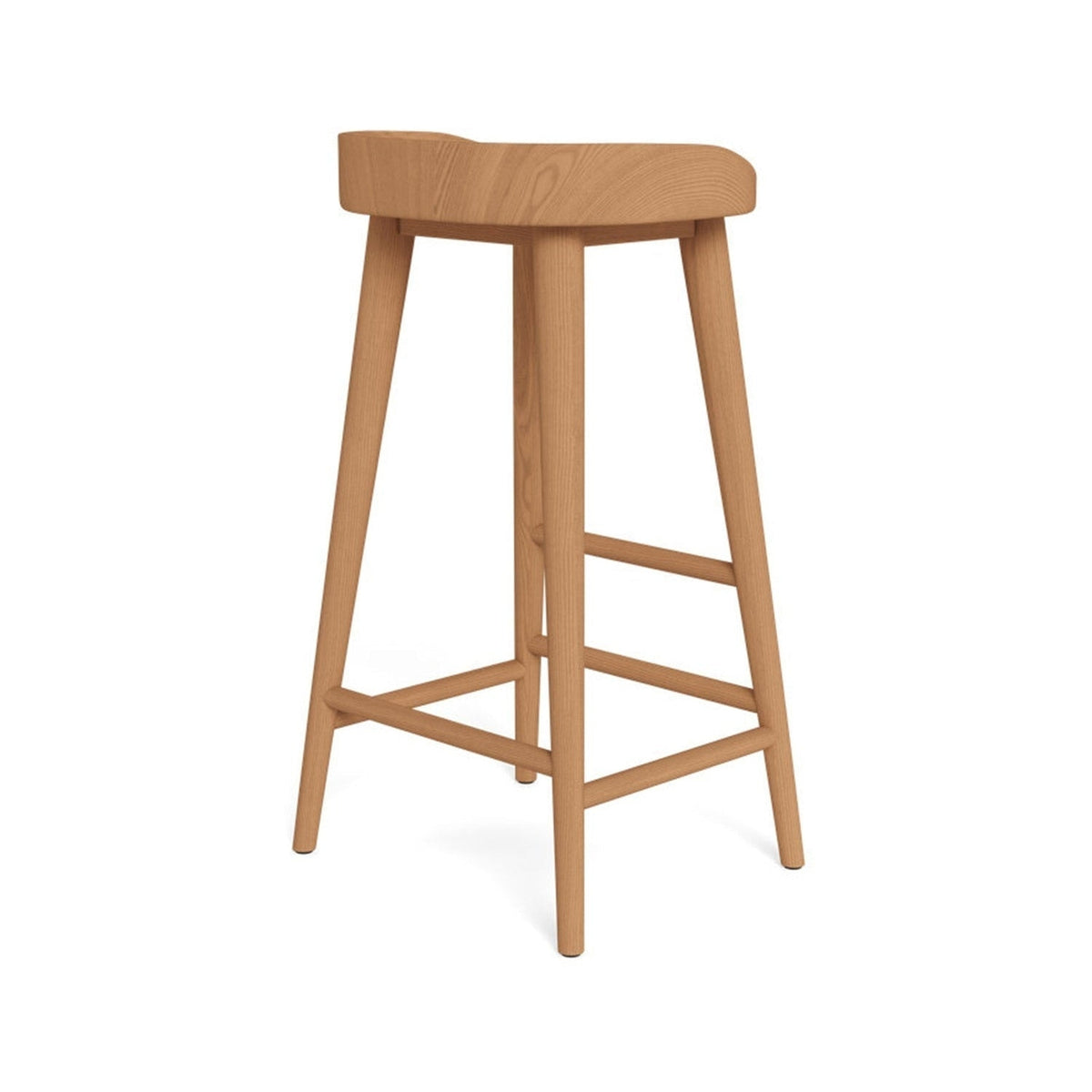 Backless teak outdoor bar stool with contoured natural wood seat and four tapered legs joined by horizontal stretchers, coastal solid-wood design in a warm teak finish.
