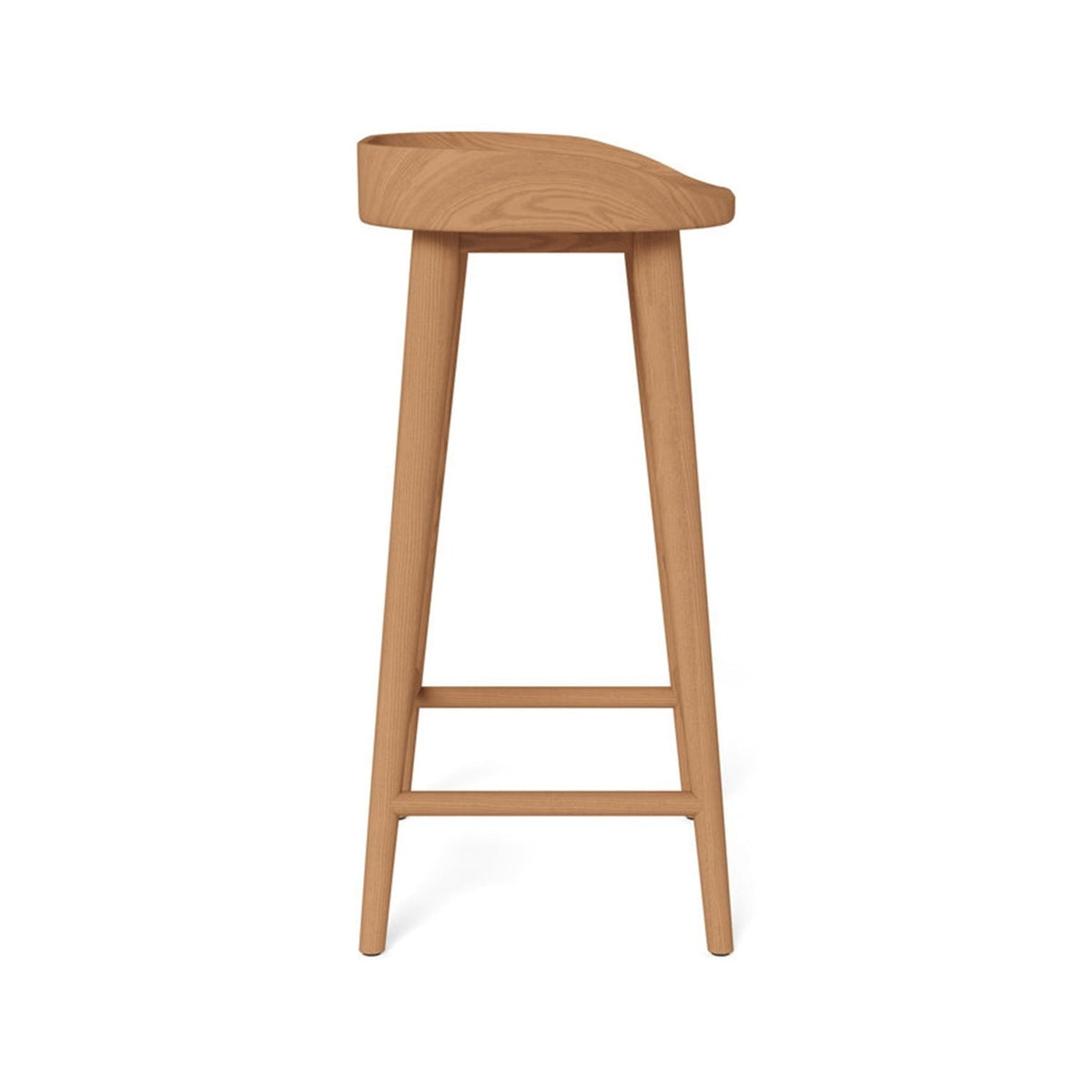 Front view of a natural teak backless outdoor bar stool with a gently scooped seat, tapered legs and two horizontal stretchers, solid wood coastal design in a warm natural finish.