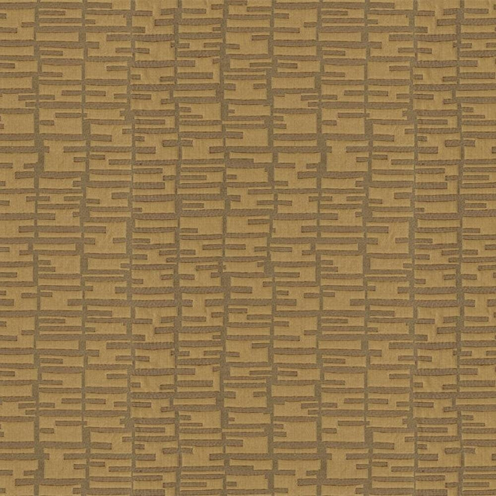 Close-up of 100% polyester upholstery fabric in warm golden-brown and taupe showing a contemporary raised rectangular grid pattern and textured weave, suitable for sofas or curtains.