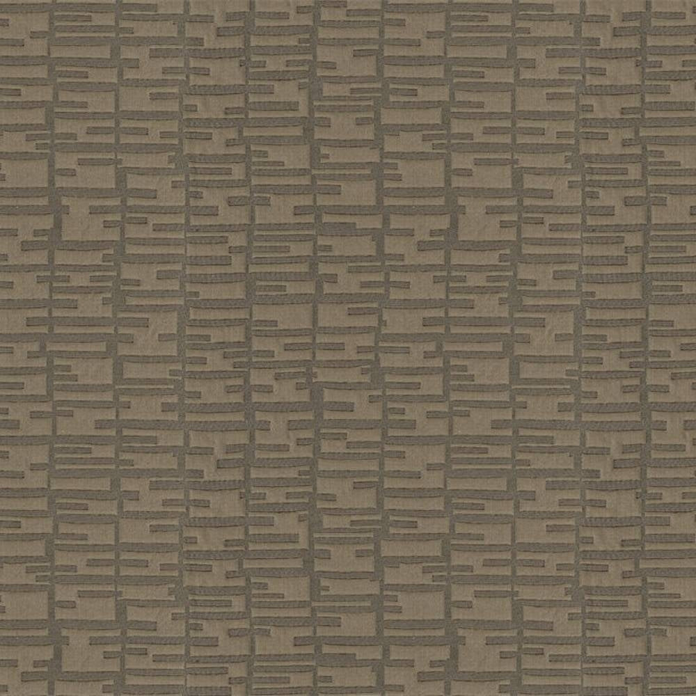 Taupe-gray 100% polyester upholstery fabric with a contemporary raised rectangular grid pattern and subtle texture, shown as a flat swatch suitable for sofas or curtains.