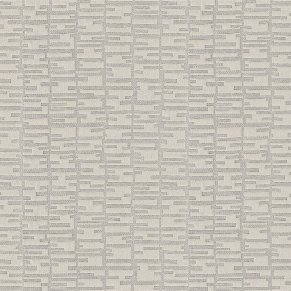 Close-up of 100% polyester upholstery fabric in light gray showing an irregular horizontal-bar grid texture and subtle weave; contemporary neutral pattern for sofas and curtains, pattern repeat about 7.5 x 7.75 inches.