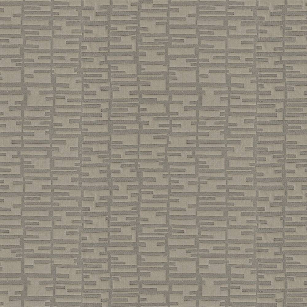 Close-up of a neutral gray contemporary upholstery fabric in 100% polyester, showing a subtle raised grid pattern of short horizontal rectangular dashes on a matte background, ideal for sofas and curtains.