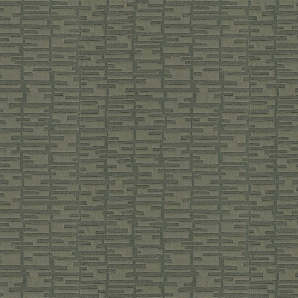 Close-up of 100% polyester olive-gray upholstery fabric with a contemporary raised linear grid pattern of short horizontal and vertical bars on a textured background, ideal for sofas or curtains.