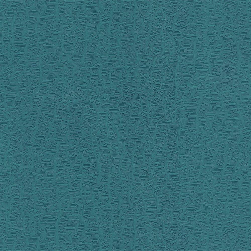 Close-up of teal textured upholstery fabric with an irregular raised linear pattern, woven 50% cotton and 50% polyester, shown as a sofa fabric sample.