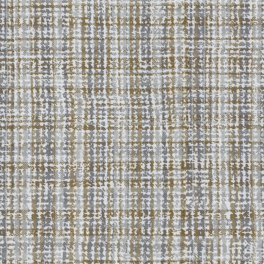 Close-up of beige and gray woven upholstery fabric showing a textured, abstract plaid grid pattern on 100% polyester, designed for contemporary sofa and indoor upholstery use.