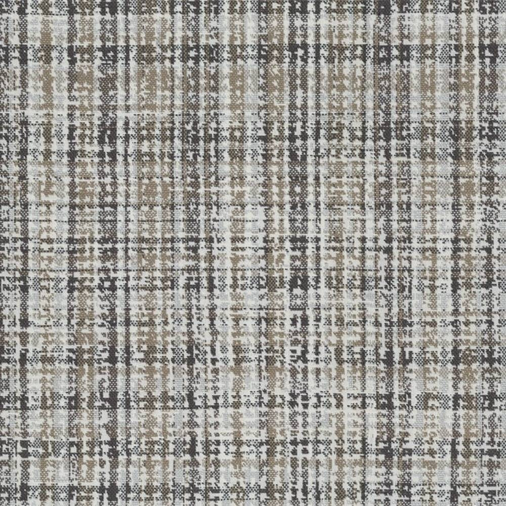 Close-up of a contemporary upholstery fabric sample with a textured, abstract plaid-like weave in beige and gray on a light neutral ground; 100% polyester fabric suitable for modern sofas.