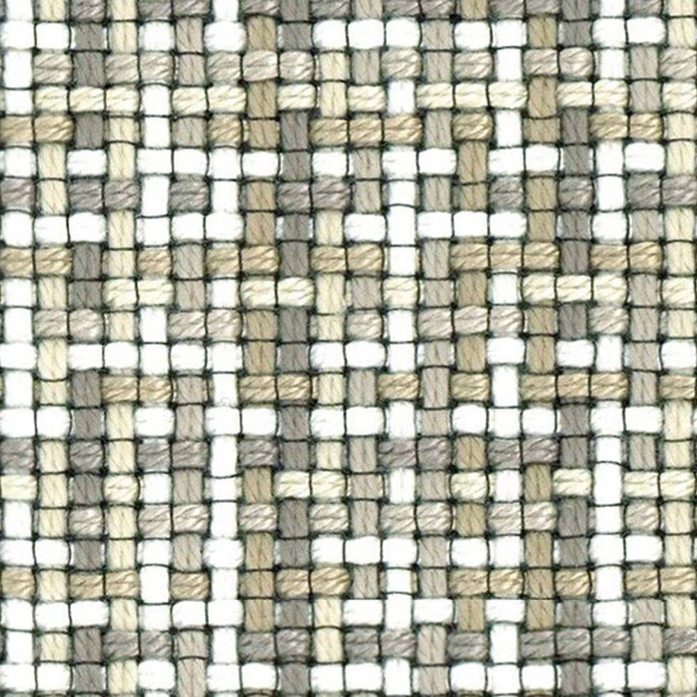 Close-up of contemporary neutral woven upholstery fabric in beige, cream, gray and white with thin black grid stitches; 95% acrylic, 5% polyester basketweave texture intended for sofas.