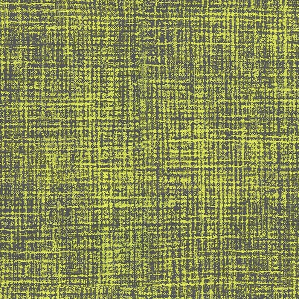Close-up of contemporary 100% polyester upholstery fabric in lime yellow and charcoal gray, featuring a crosshatched, speckled woven texture suitable for modern sofas.
