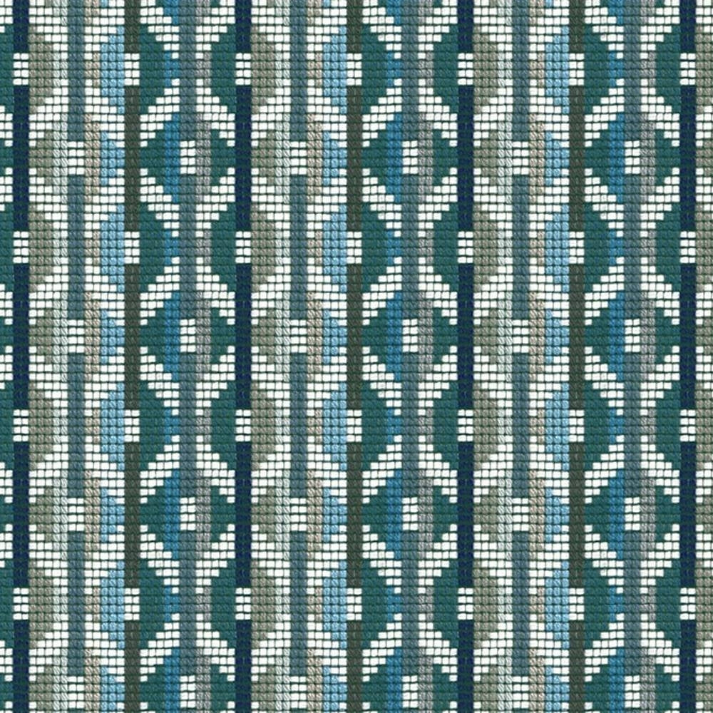 Close-up of woven 95% acrylic, 5% polyester upholstery fabric in teal, gray, light blue and white, showing a repeating geometric chevron motif with a textured basketweave suitable for contemporary sofa upholstery.