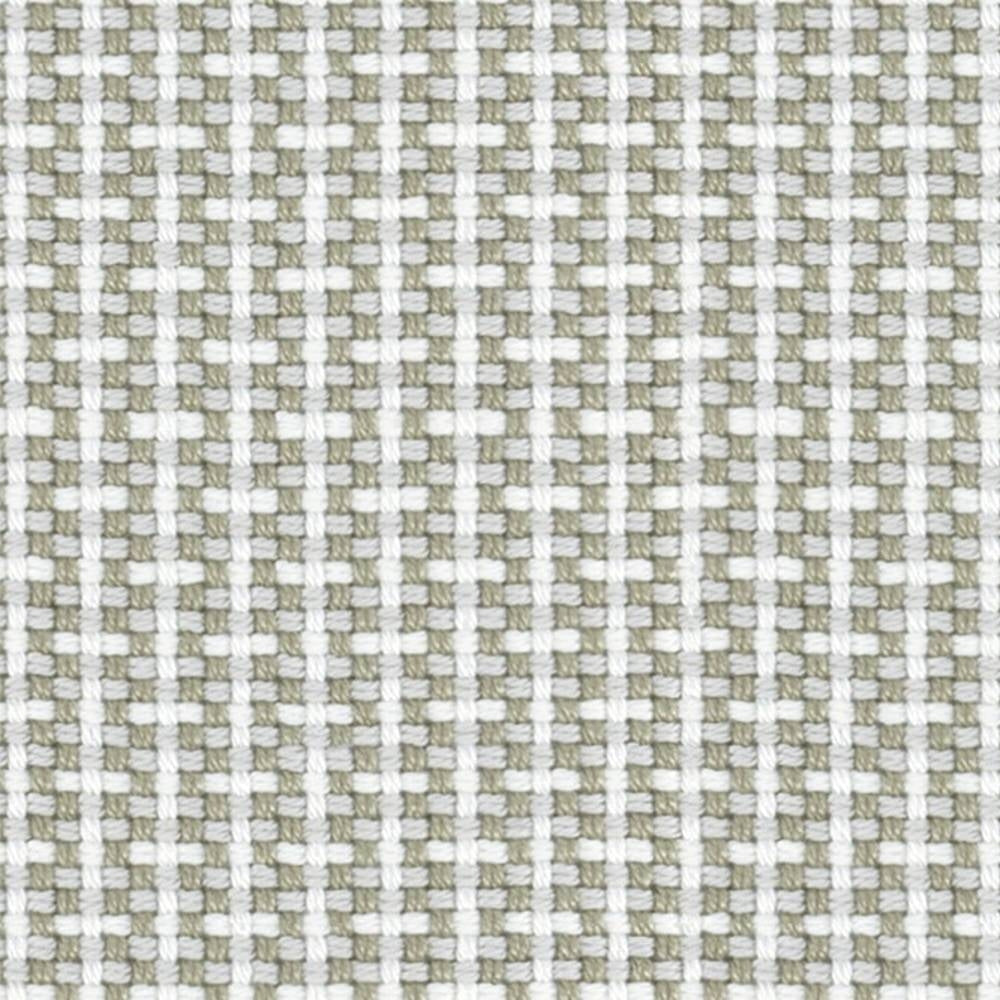 Close-up of beige and white woven 100% acrylic upholstery fabric showing a small checked grid texture, a neutral contemporary swatch for sofa and indoor upholstery.