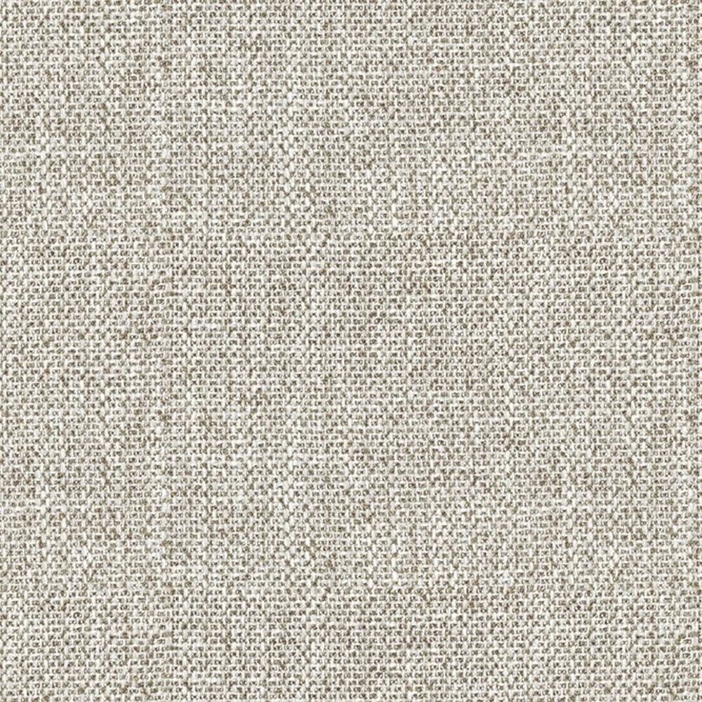 Close-up of 100% polyester upholstery fabric in light beige oatmeal with a tight woven texture and subtle brown flecks, shown as a durable plain weave ideal for sofas.