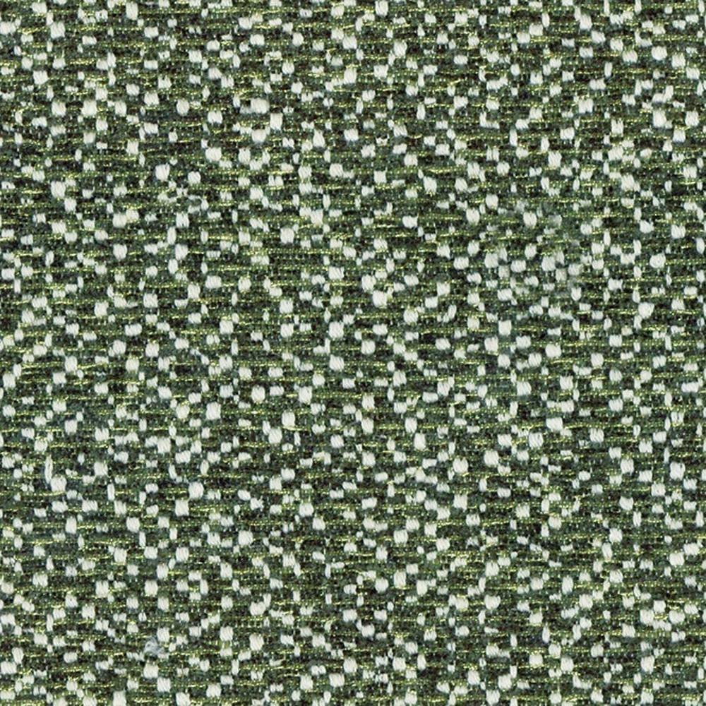 Close-up of green-and-white speckled woven upholstery fabric showing a textured looped weave; 70% polyester, 5% linen and 25% viscose blend suited for contemporary sofas.