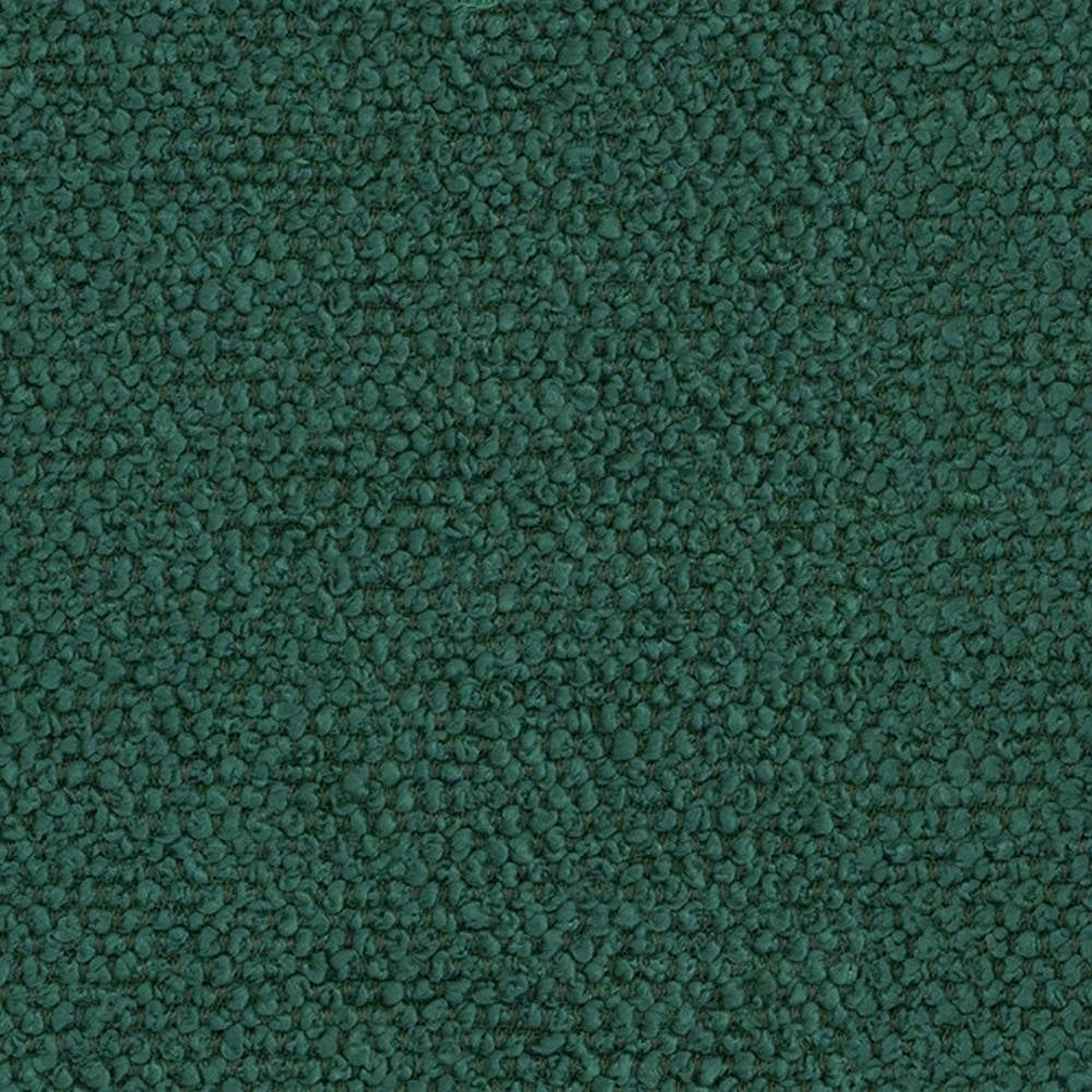 Close-up of deep green boucle upholstery fabric in 100% polyester showing a tight looped texture, ideal for sofas and durable upholstery.