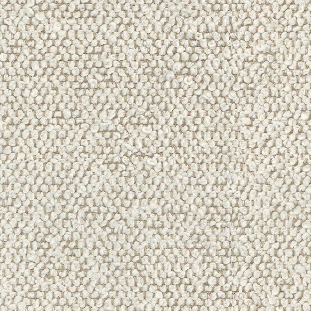 Close-up of cream boucle upholstery fabric showing dense looped texture in 100% polyester, ideal for sofa and indoor upholstery.