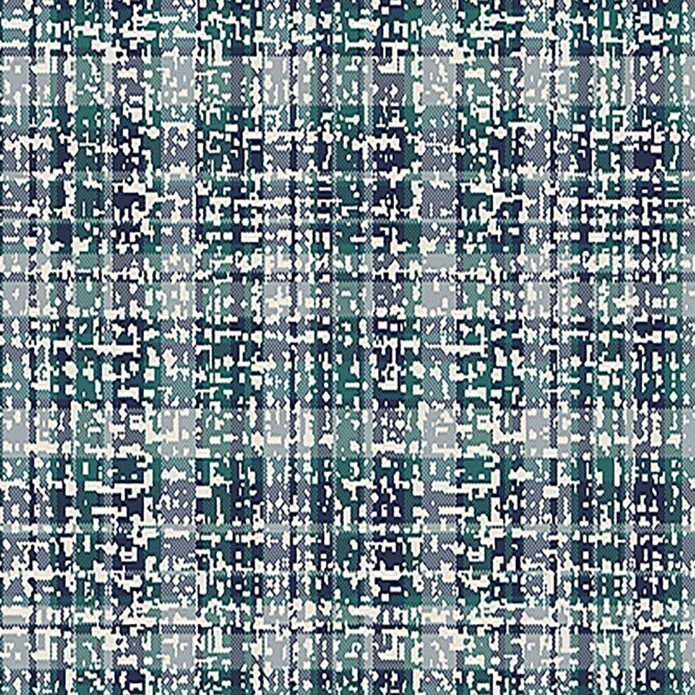 Close-up of contemporary upholstery fabric showing a pixelated plaid pattern in teal green, navy, gray and white; 75% polyester, 25% viscose blend designed for sofa use.