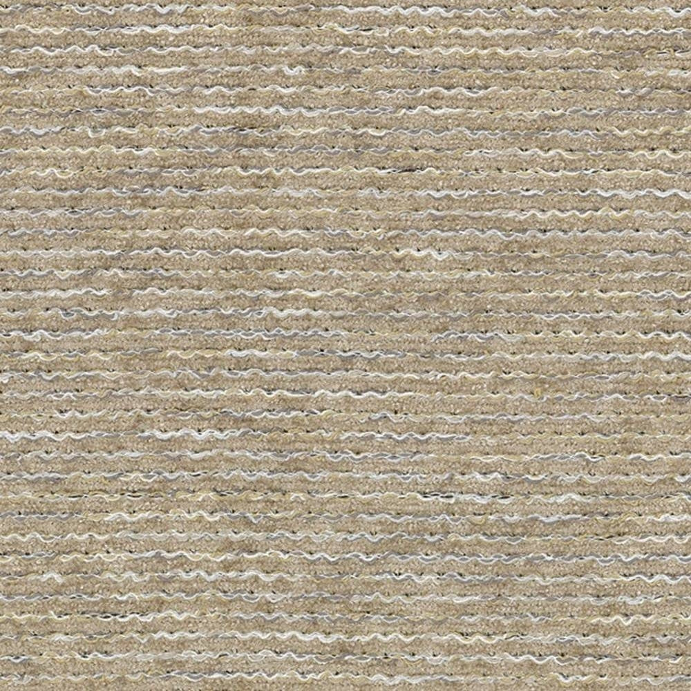 Close-up of beige textured upholstery fabric showing horizontal ribbed loops and subtle off-white and taupe slubs; 55% viscose, 45% polyester blend designed for sofa upholstery.