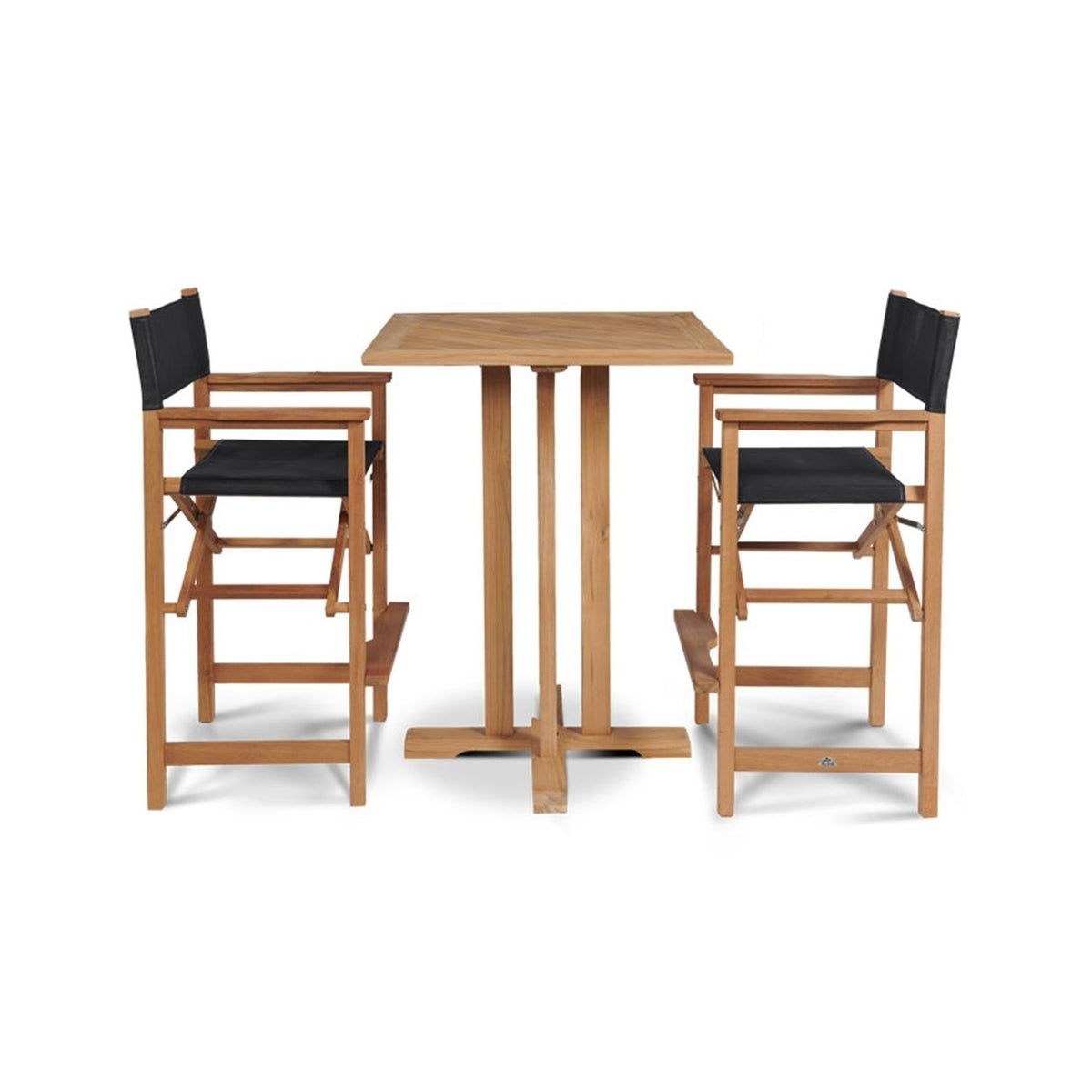 Two folding teak outdoor bar stools with black fabric seats and backs, armrests and footrests, positioned on either side of a square teak pub-height table in a natural coastal finish.