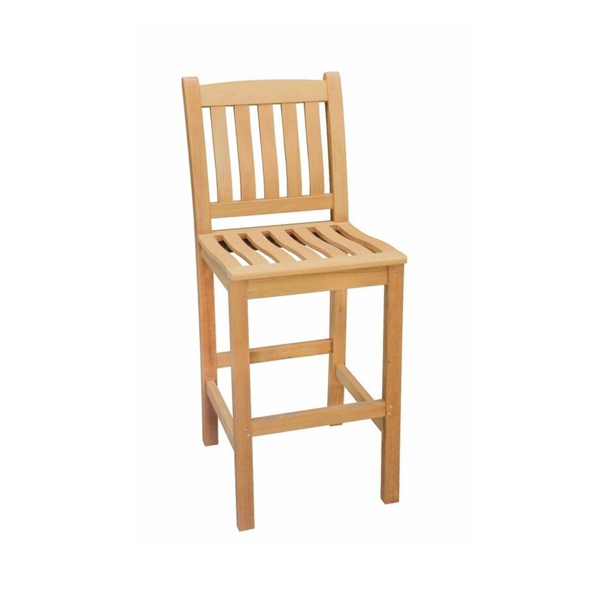 Armless outdoor bar stool in natural teak with a vertical slatted back, contoured slatted seat and square legs with integrated footrest, coastal-style wooden construction.
