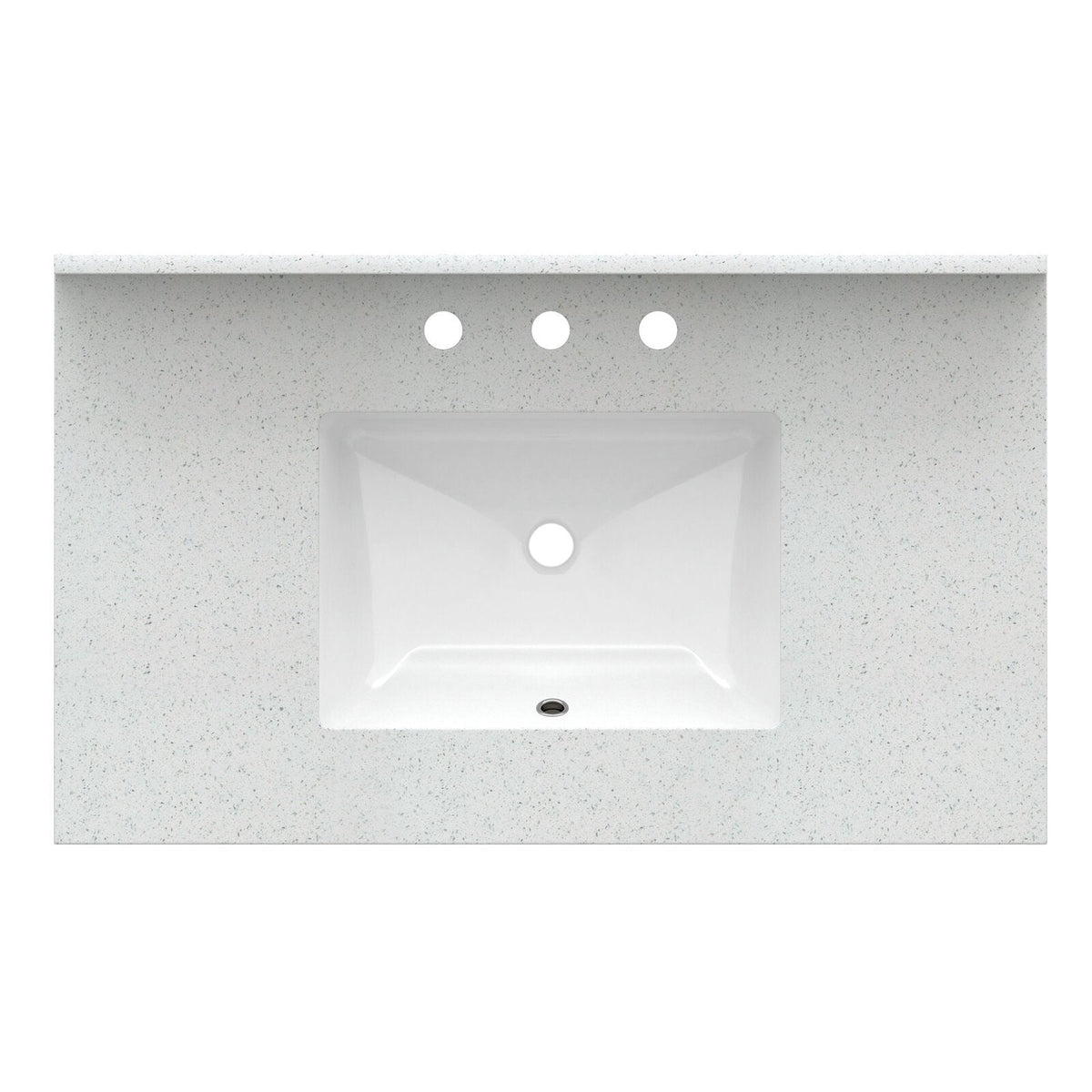 Top view of a 37-inch speckled stone gray vanity top with a centered rectangular white ceramic sink and three pre-drilled faucet holes above the basin.