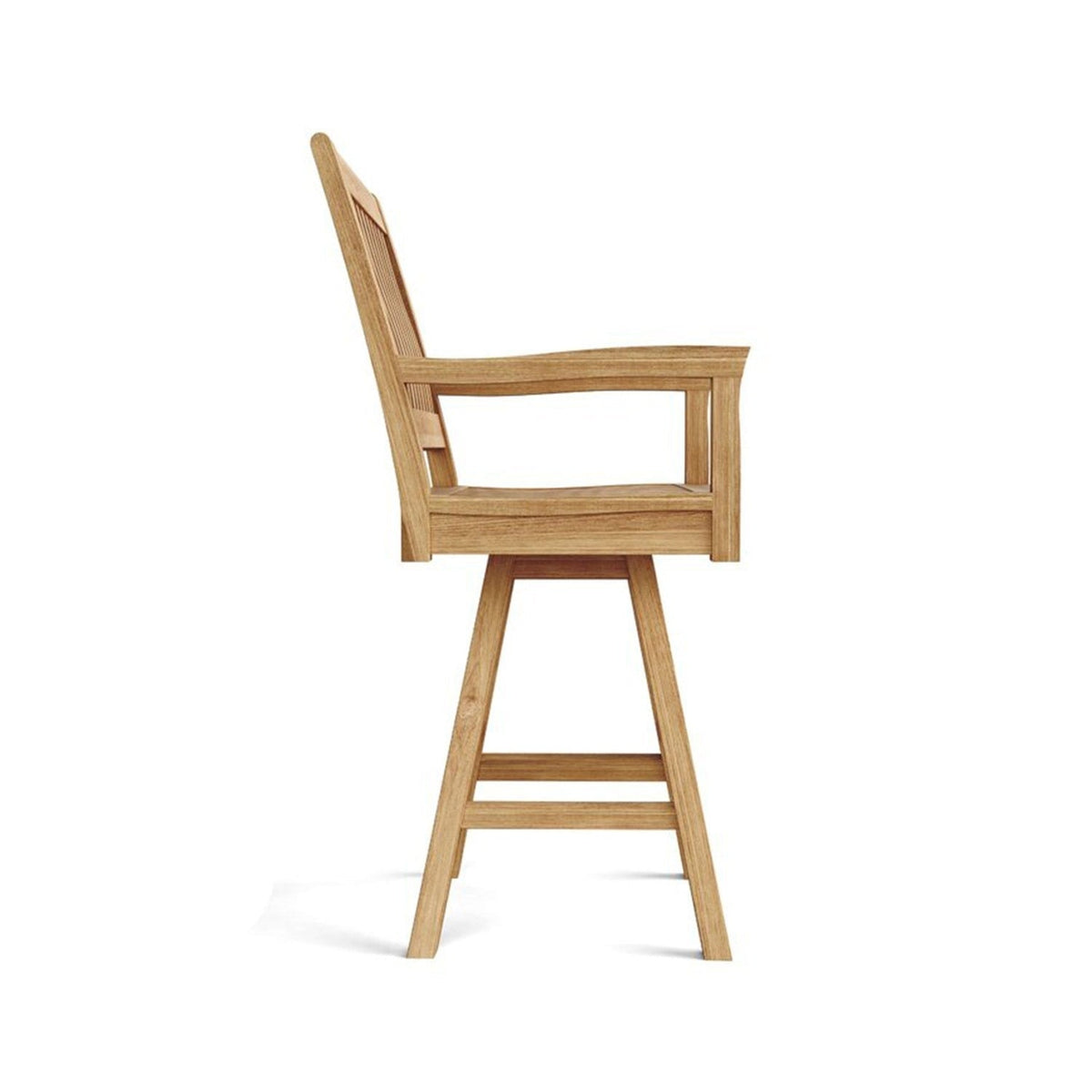 Side profile of a natural teak swivel outdoor bar stool with a slatted back, integrated armrests and tapered wooden legs with built-in footrest, showing a coastal-style natural wood finish.