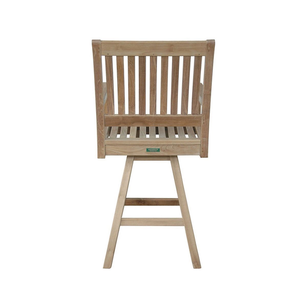 Rear view of a natural teak outdoor bar stool with slatted back and seat, coastal-style wooden frame with armrests and splayed legs, showing the stool’s natural wood grain and outdoor-ready construction.