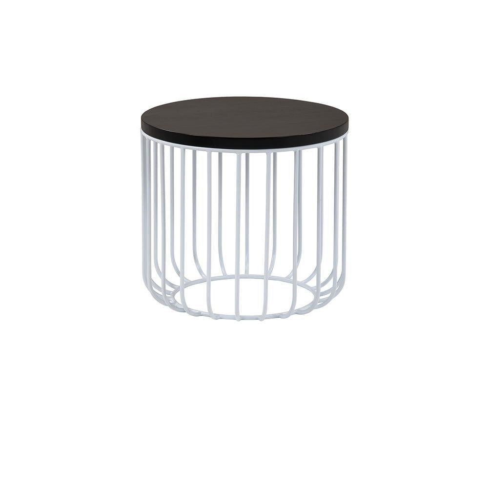 Round side table with a mahogany wood top and white metal wire cage base in a rustic style, shown on a white background.