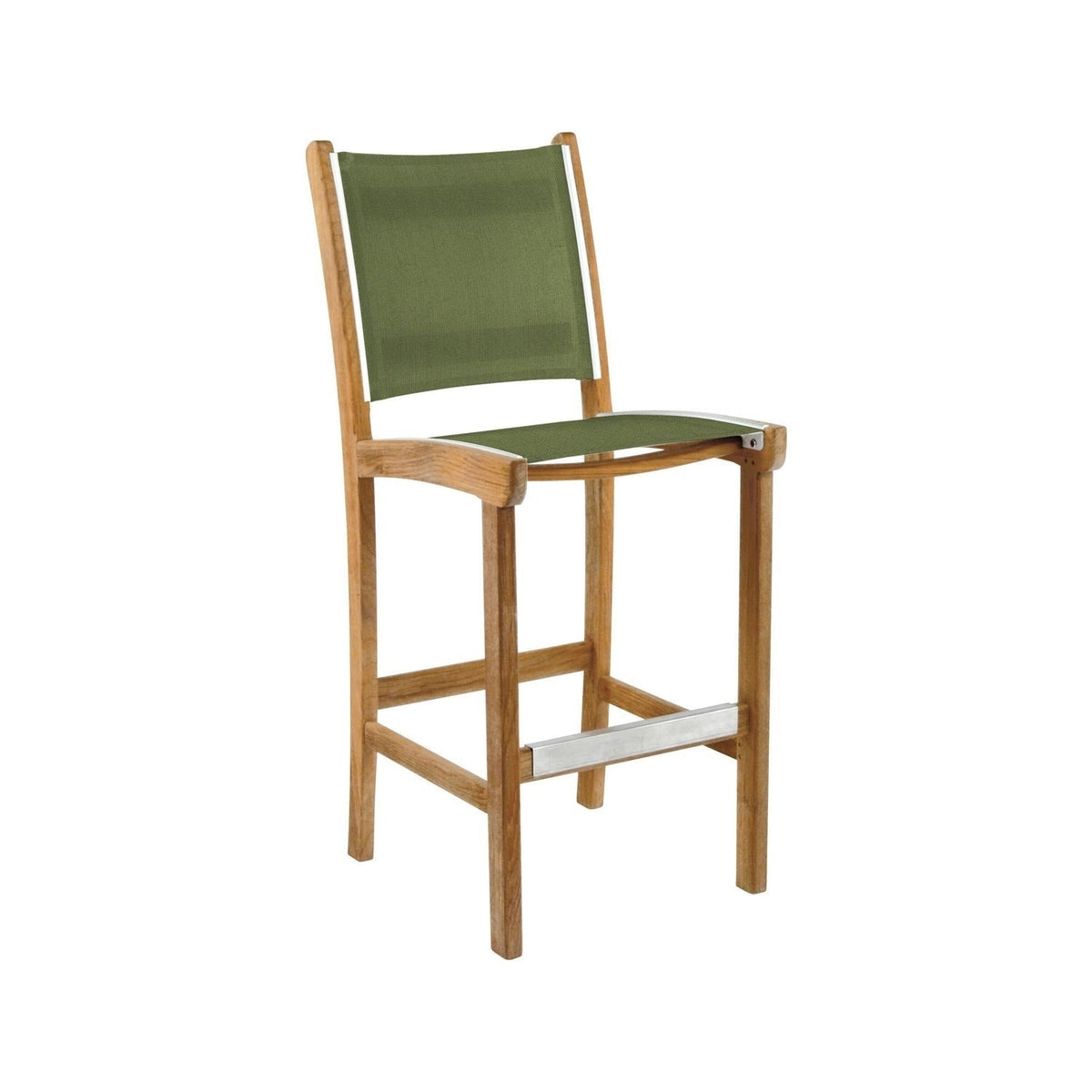 Armless teak outdoor bar stool with a natural wood frame, olive-green sling seat and back, and a silver metal footrest, photographed on a white background.