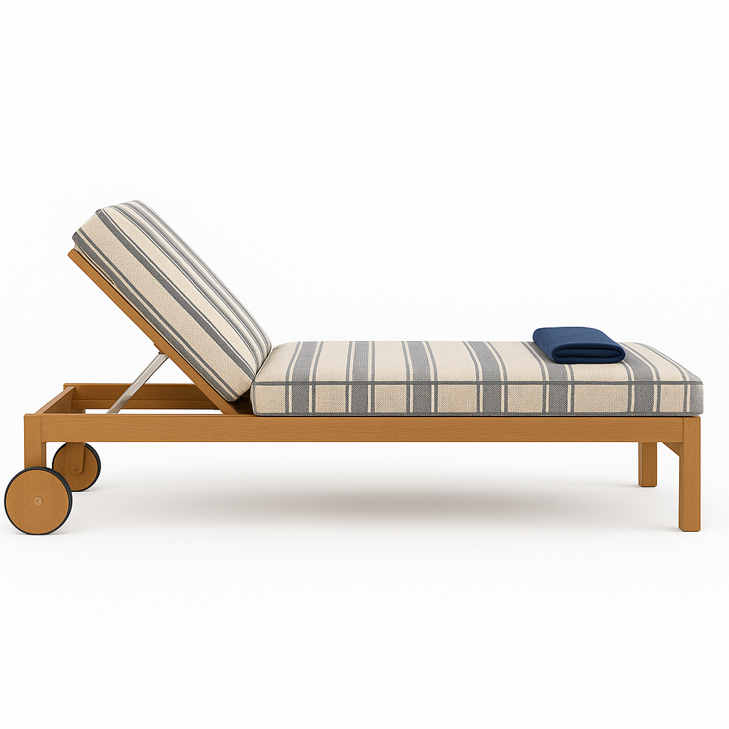 Teak-framed outdoor chaise lounger with an adjustable backrest, beige-and-gray striped fabric cushion, round teak wheels and a folded navy towel at the foot.