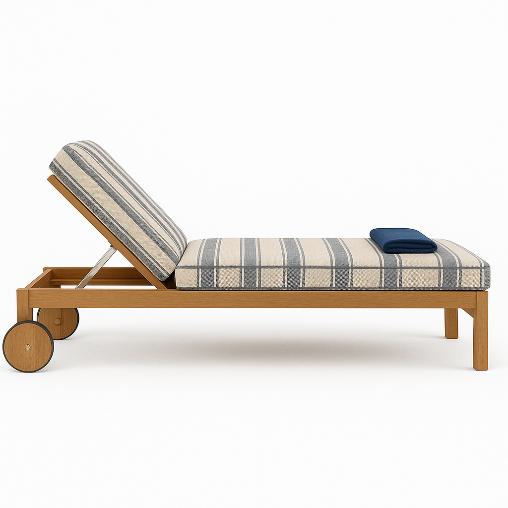 Mid-century modern teak outdoor chaise lounger with beige-and-gray striped fabric cushion, adjustable backrest on an aluminum support, wooden wheels at the rear, and a folded navy towel on the seat.
