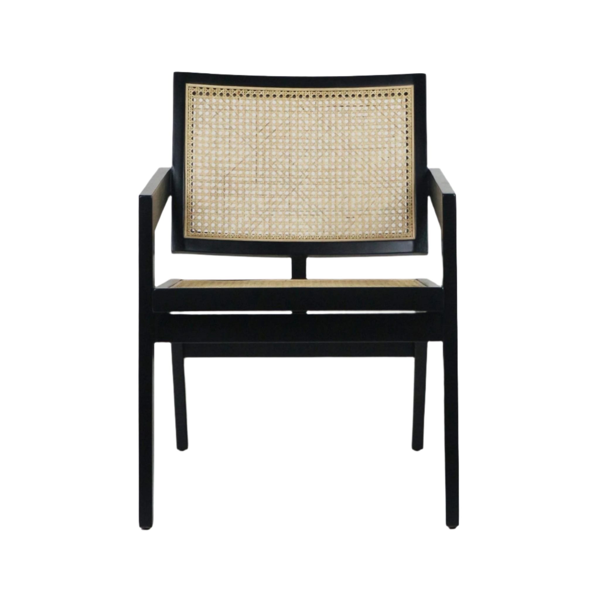 Mid-century modern lounge chair with a black solid wood frame and natural woven cane back and seat, featuring low-profile arms and tapered legs.