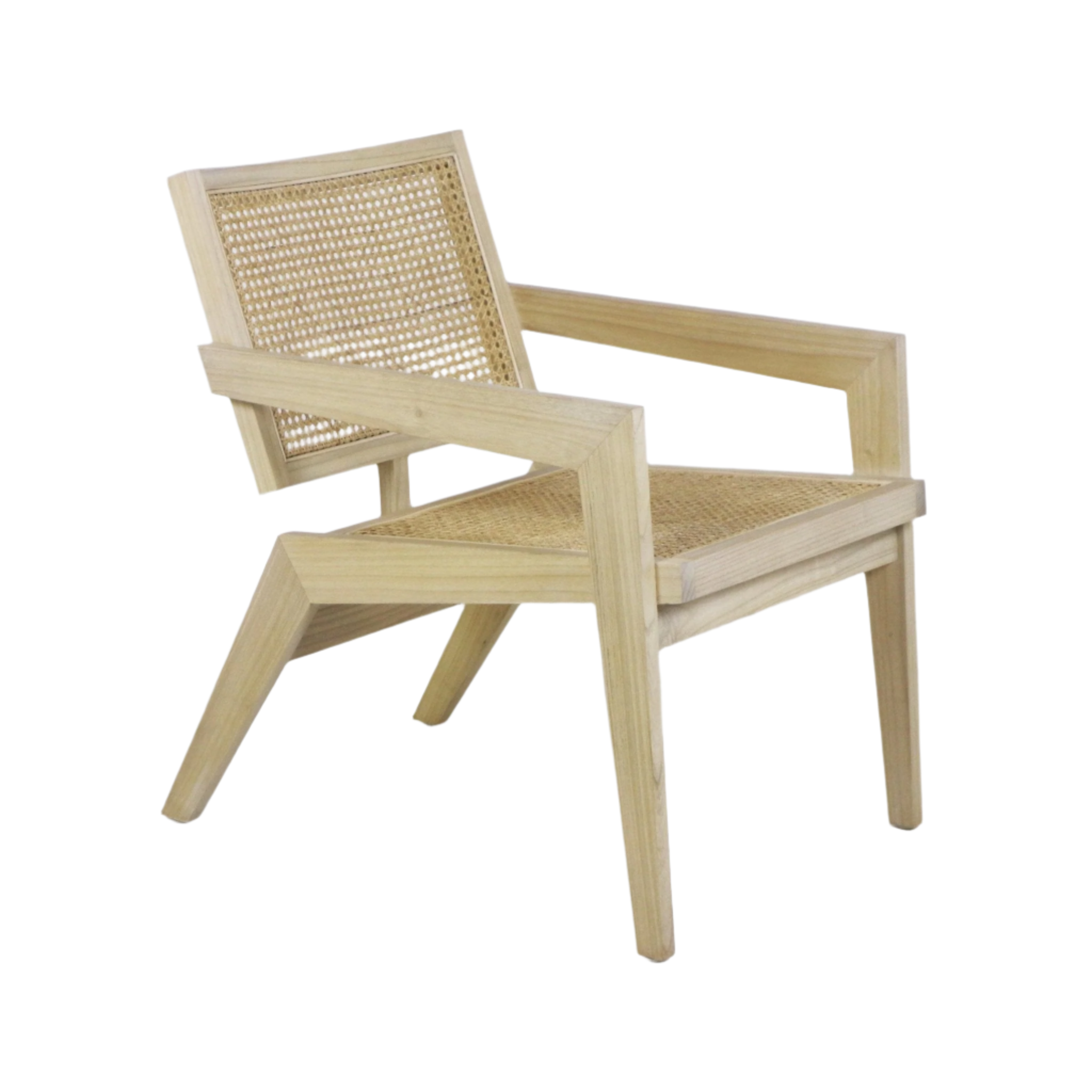 Light natural teak wood lounge chair with woven cane seat and back, angled mid-century modern frame and open wooden arms.
