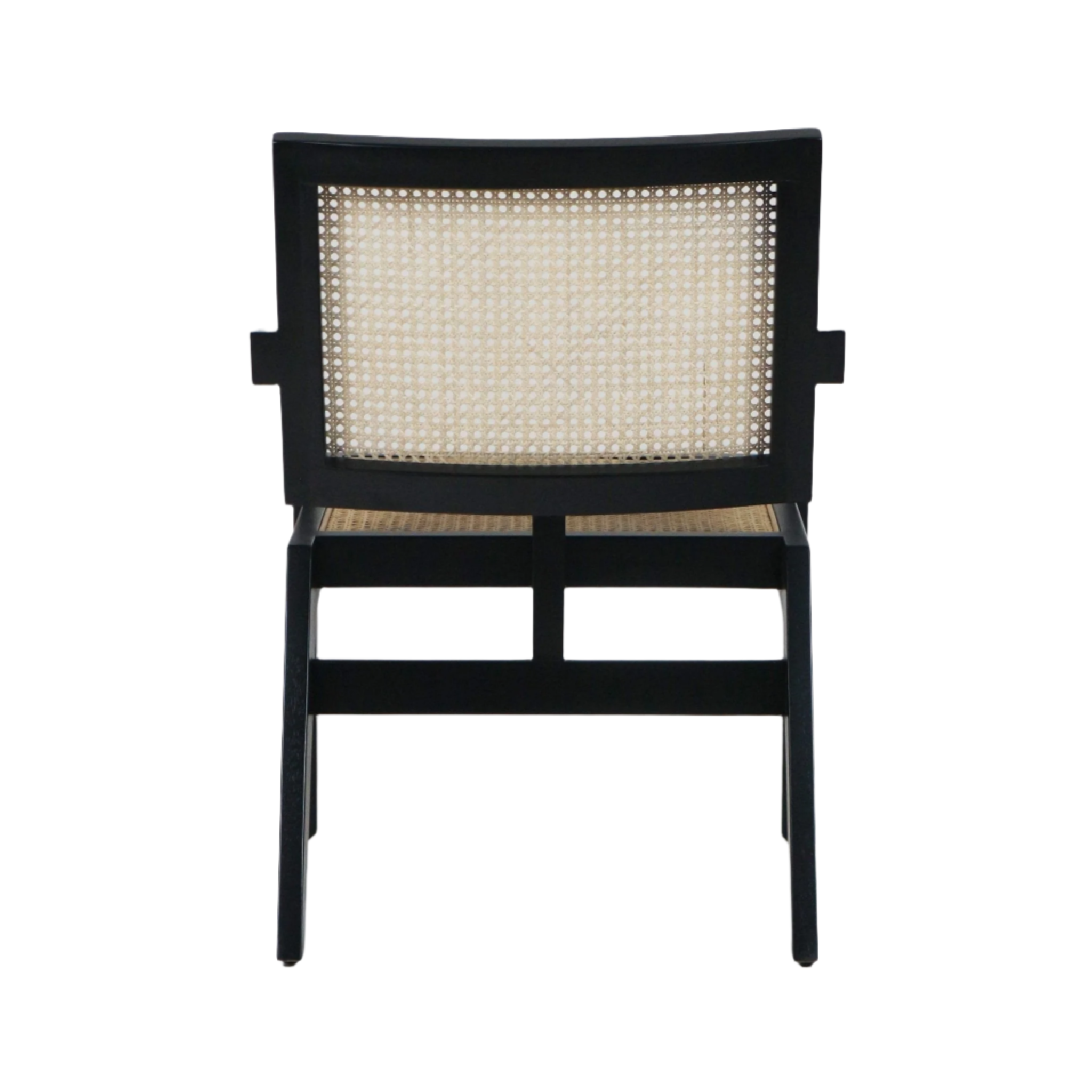 Rear view of a mid-century modern lounge chair with a black solid wood frame and natural woven cane back and seat, showing tapered legs and rectangular back panel.