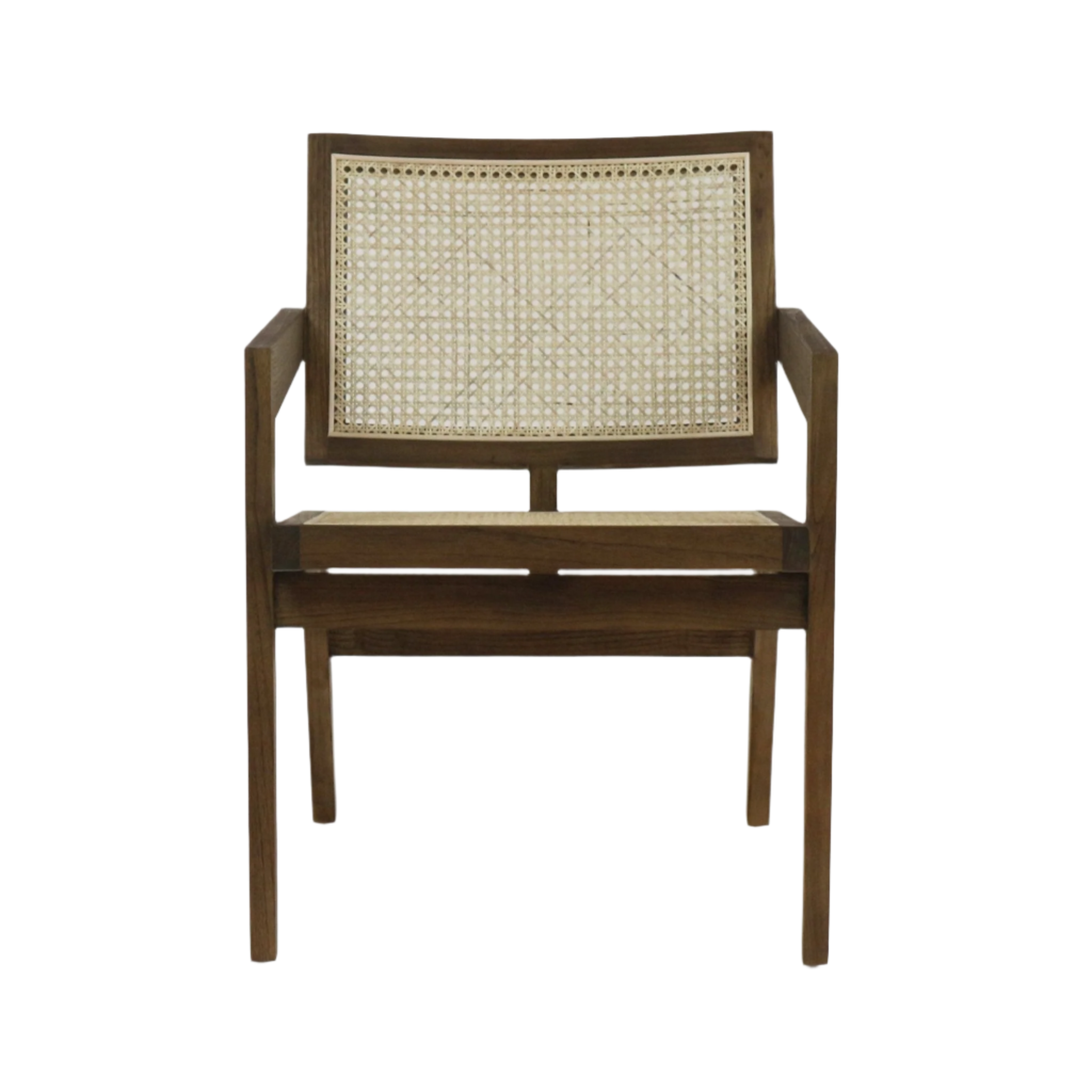 Front view of a teak wood lounge chair with woven cane back and seat, angular armrests and slim legs in a mid-century modern style on a white background.