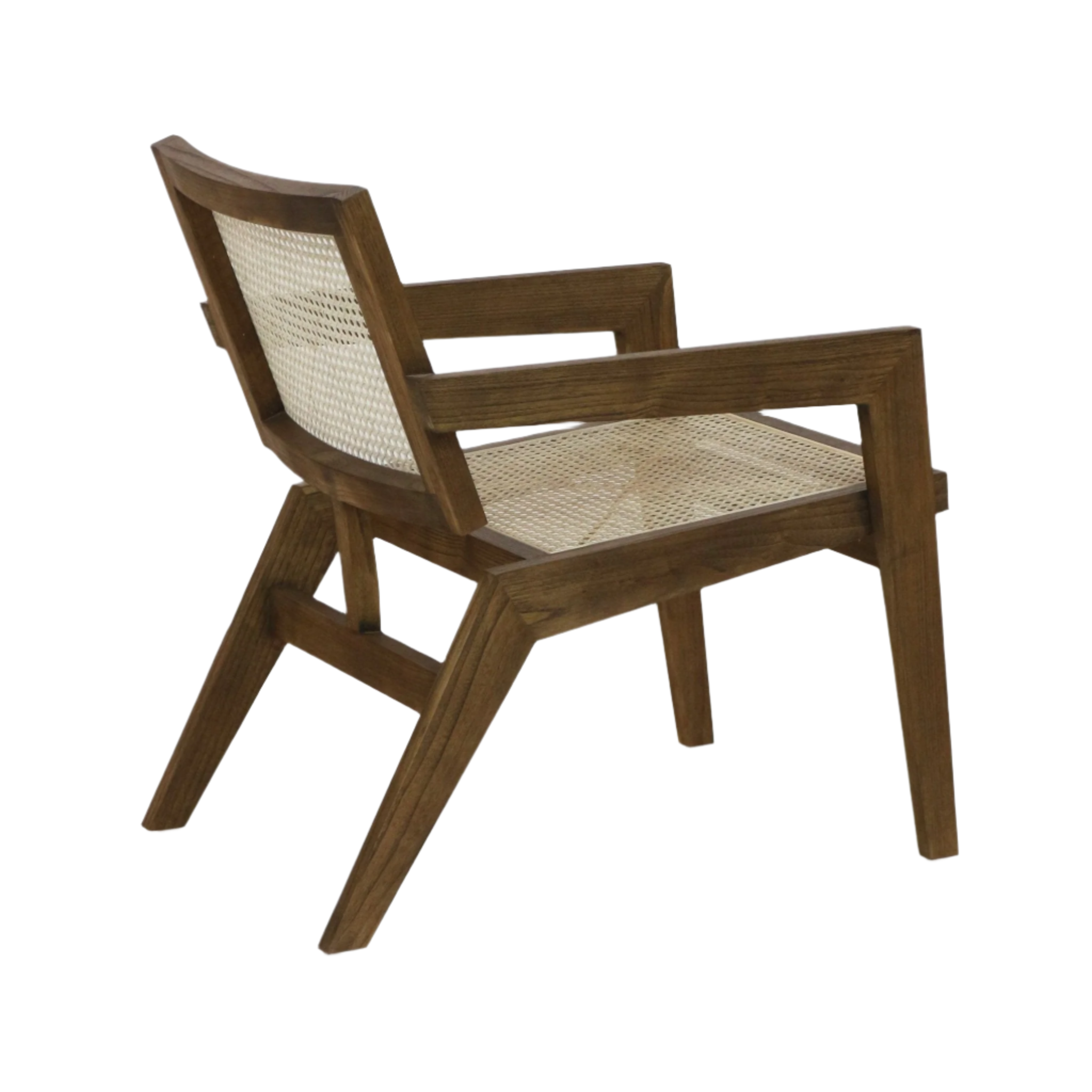 Three-quarter rear view of a mid-century modern lounge chair with a warm teak solid wood frame and natural woven cane seat and back, featuring angled legs and open rectangular armrests.
