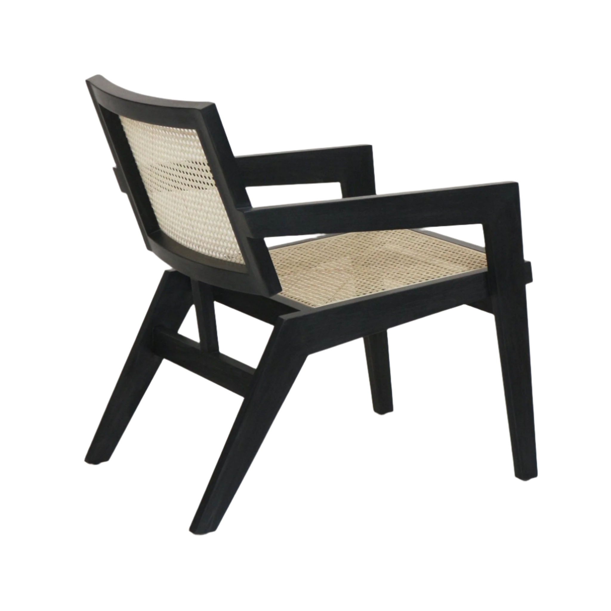 Modern mid-century lounge chair with a black solid wood frame and natural woven cane seat and back, angled legs and squared armrests, shown from a three-quarter rear view on a white background.
