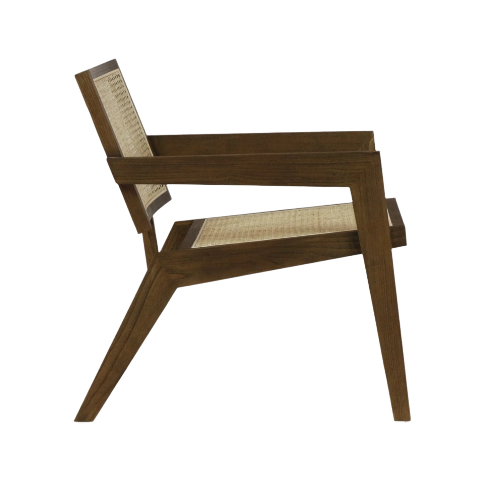 Side profile of a mid-century modern lounge chair with a warm teak solid wood frame and woven cane seat and back, low-slung angled silhouette and tapered legs in a natural brown finish.