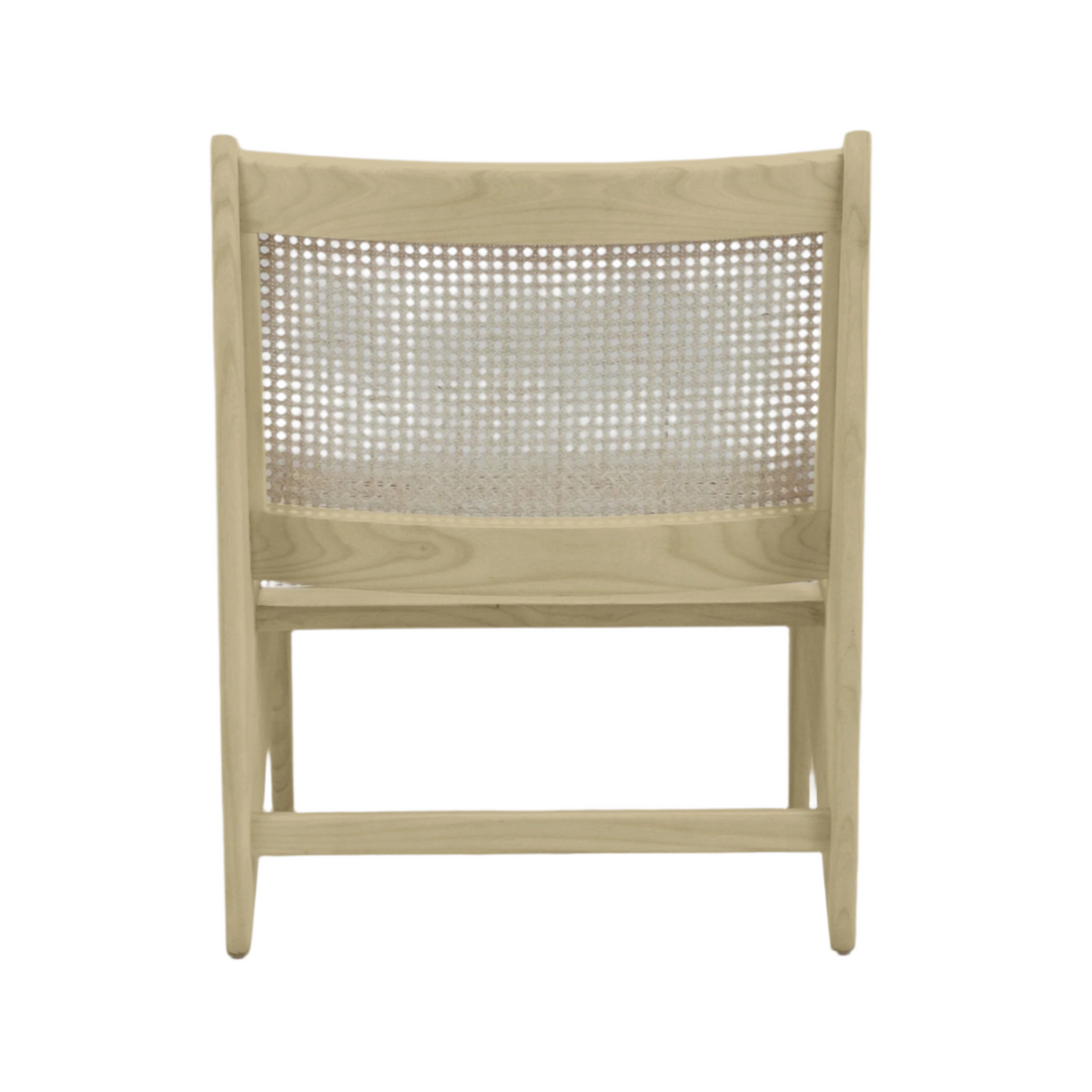 Rear view of a mid-century modern accent chair with a light natural teak frame and woven cane back panel, showing tapered solid wood legs and horizontal stretcher supports.