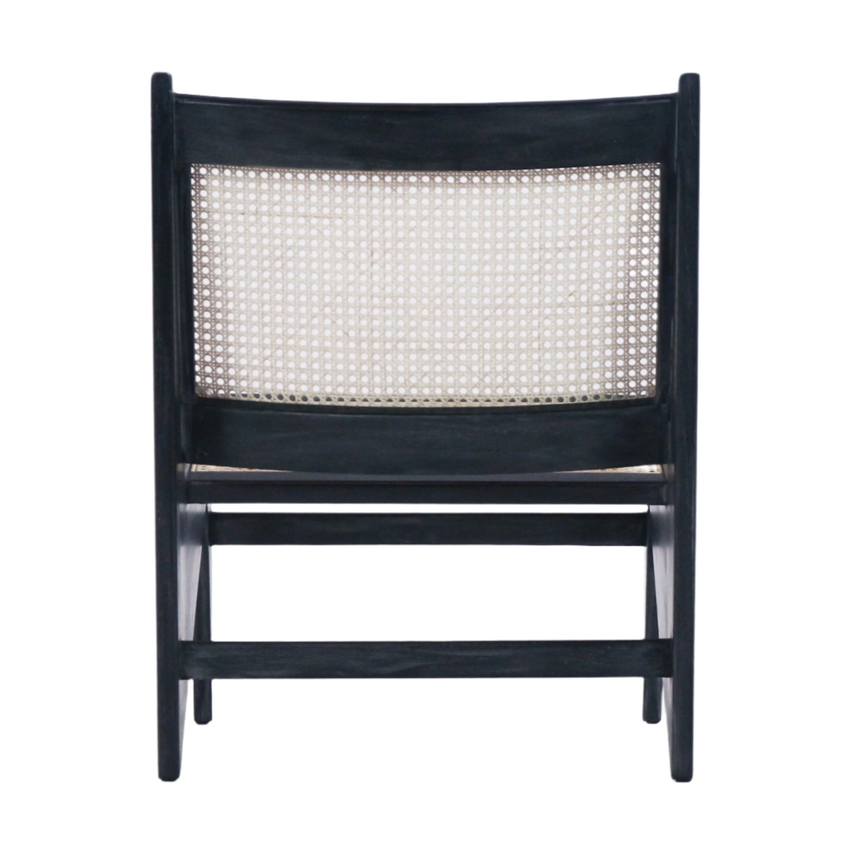 Rear view of a mid-century modern chair with a smoked-black teak frame and natural woven cane backrest, showing low horizontal stretcher bars and tapered legs against a white background.