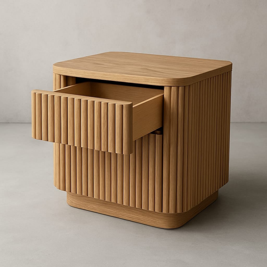 Natural oak fluted nightstand in a modern mid-century style, with rounded corners and vertical ribbed slats, showing the top drawer partially open and a smooth flat top.