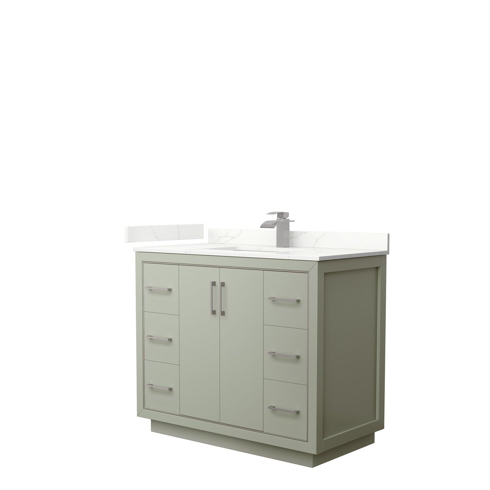 Freestanding 42-inch modern solid wood bathroom vanity in stone finish with white veined stone top, single ceramic sink, brushed nickel handles and contemporary single-handle faucet.